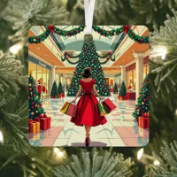 Funny Retro Woman Shopping Mid Century Christmas Metal Ornament