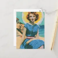 A Day at the Beach Vintage Lady in Blue Polka Dots Postcard