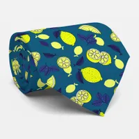 Lemon Slices and Blue Leaves Lemon Food Patterned Neck Tie