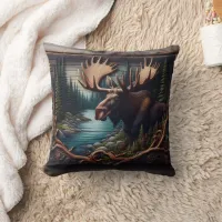 Moose in Forest By a River at Dusk Throw Pillow