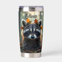 Cute Raccoon in Fall Leaves Personalized Insulated Tumbler