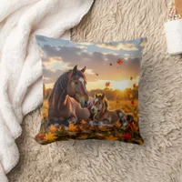 A Mama Horse and her Foal in Autumn Throw Pillow