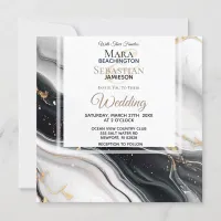 *~* AR66 RSVP White Black Gold Agate QR Wedding Invitation