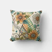 Retro Patchwork and Flowers Throw Pillow