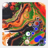 Orange, Blue, Green, Black Digital Fluid Art   Square Sticker