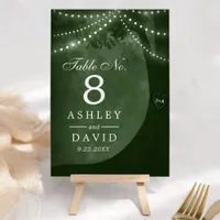 Rustic Tree String Of Lights Carved Initials Green Table Number