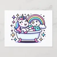 Adorable Cartoon Unicorn in a Bathtub Postcard