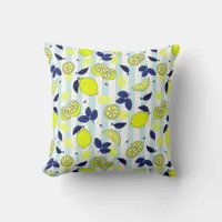 Summer Blue Yellow Lemon Slices on Blue Stripes Throw Pillow