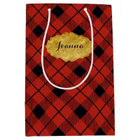 Red Plaid Christmas w/Gold Foil Name Sticker Mediu Medium Gift Bag