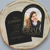 Modern Black Gold Photo Arch Graduation Party Invitation