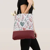 Teal, Red, Pink Hearts and Flowers, Color Block Tote Bag