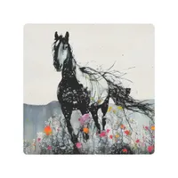 Black Horse in Wildflowers Metal Print