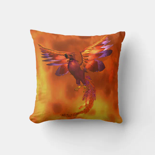 Colorful Phoenix Flying Against a Fiery Background Throw Pillow