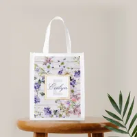 Romantic Vintage Retro Flowers on Barn Wood & Name Grocery Bag