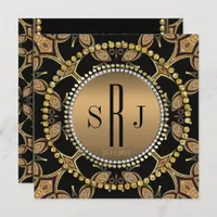 Batik Art Deco Black Gold Monogram Party Invite