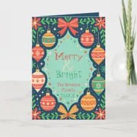 Folksy Retro Ornaments Merry & Bright Holiday  Card