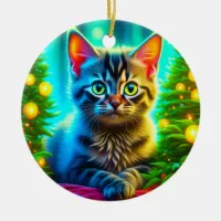 Personalized Christmas Cat and Christmas Trees Ceramic Ornament