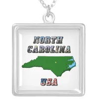 North Carolina Map Outline, Photo & US Flag Text  Silver Plated Necklace