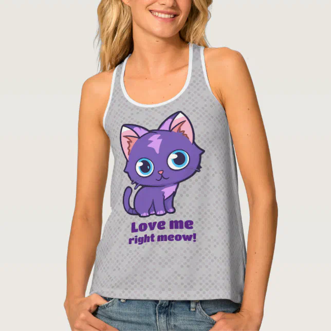 Purple Anime Cat Vector Art Gray Tank Top