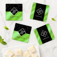 Elegant Black Marble & Lime Green Foil Monogram Coaster Set