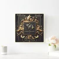 Golden Flourish: 50th Anniversary Design Square Wall Clock