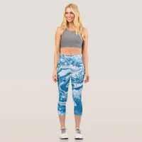  Blue Digital Fluid Art Marble Pour Painting Cells Capri Leggings