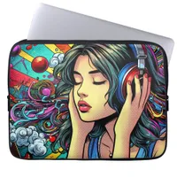 Girl Listening to Music on Headphones Psychedelic Laptop Sleeve