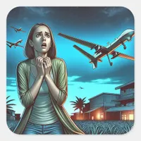 Woman running from Drones | Current Events Humor Square Sticker