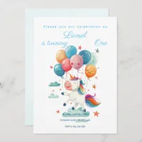 Funny Flying Unicorn Rainbow Colors 1st Birthday Invitation