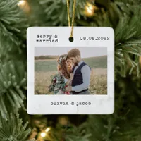 Merry & Married First Christmas Wedding Photo Ceramic Ornament