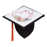 Pink Floral Stethoscope Heart Medical Nurse Graduation Cap Topper