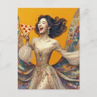 Happy Woman With Pizza Colorful Unique Postcard