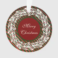 Stylized White Wreath on Red and Green Stripes Ornament