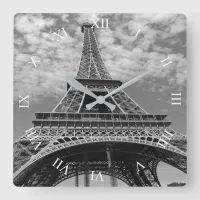 Eiffel Tower Looking Up B&W Square Wall Clock