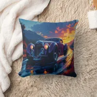 Vibrant hot rod cruising at sunset on a wet road throw pillow