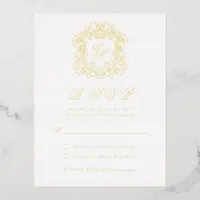 Elegant Gold Foil Crest Monogram Wedding RSVP Card