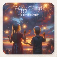 Vintage Kids with Sparklers July 4th Personalized Square Paper Coaster