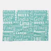 Phonetic Alphabet Phrases White on Aqua Blue Kitchen Towel