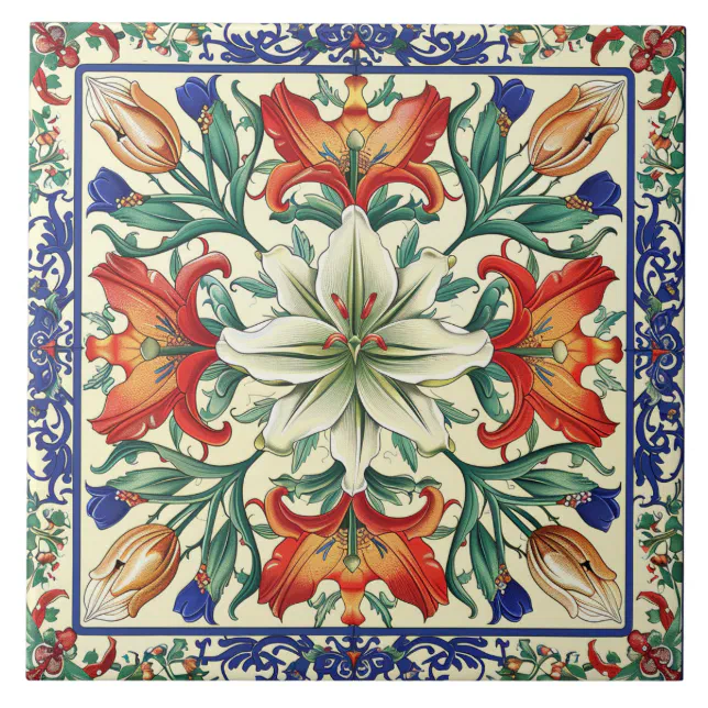 Floral Blue And Orange Flowers  Ceramic Tile