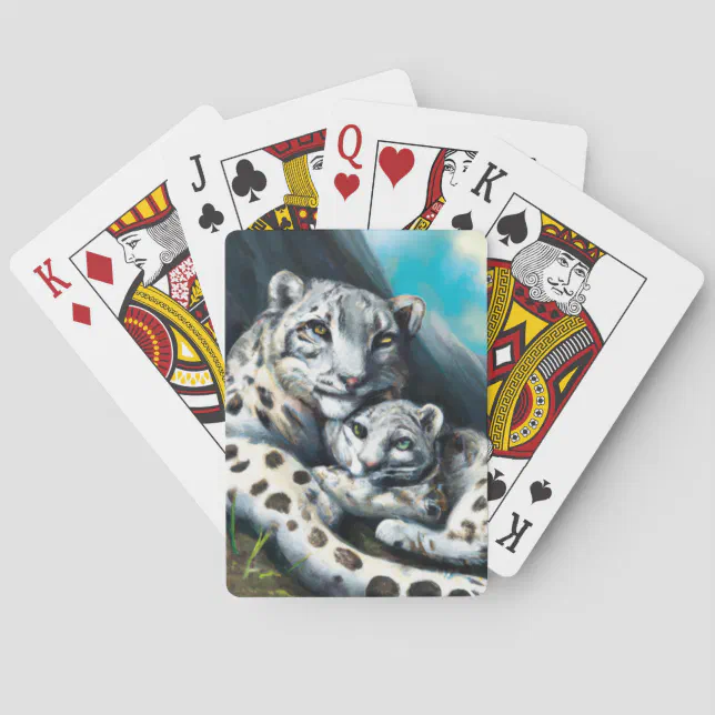 Mother Snow Leopard and Cub in the Mountains Poker Cards