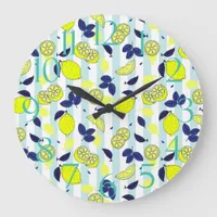 Summer Fruit Pattern Yellow Lemons on Blue Stripes Large Clock