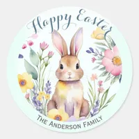 Cute Happy Easter Bunny and Flowers Personalized Classic Round Sticker