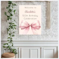 Pink bow cream beige birthday party welcome poster