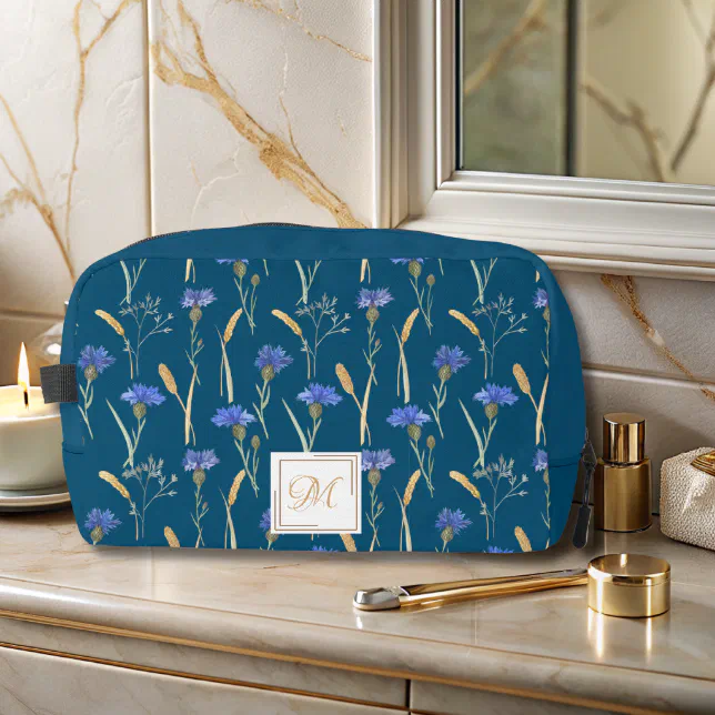 Blue Floral Wildflower Monogram Dopp Kit