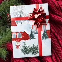 Watercolor Red Nordic Houses Snowman Christmas  Wrapping Paper