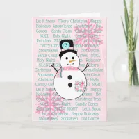 Pink and Teal Snowman Snowflakes Christmas Card