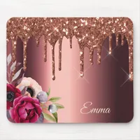 Bronze glitter drip copper flowers name mouse pad