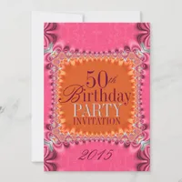 Satin Orange Pink Damask  50th Birthday Invite