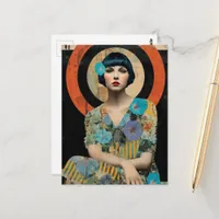 Retro Lady and Morning Glory Flowers Postcard