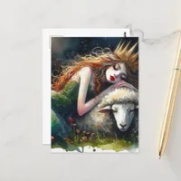Sleepy Fairy Queen and Her Sheep Watercolor Postcard